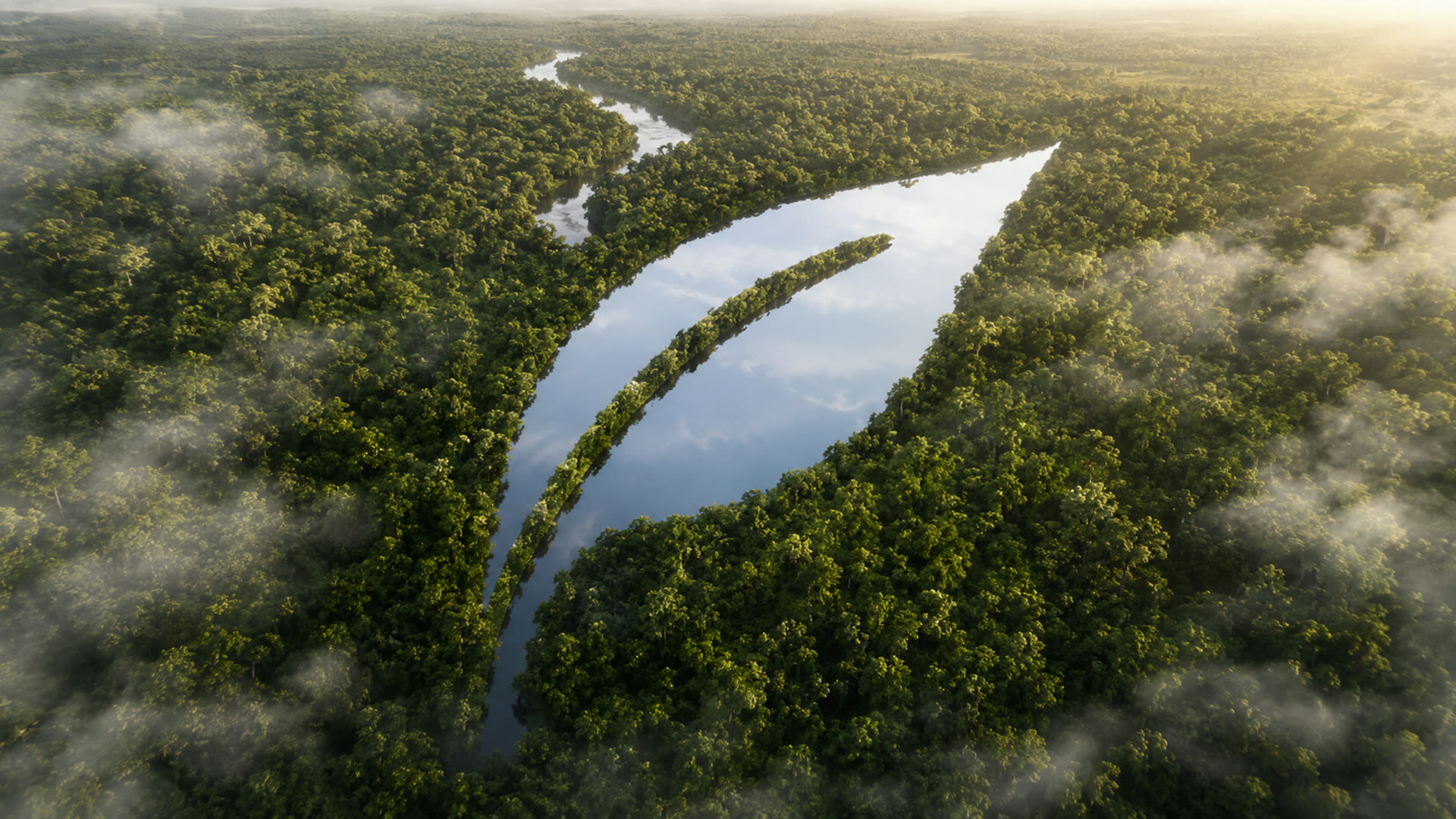 Aerial forest where the river draws the Descarbono leaf